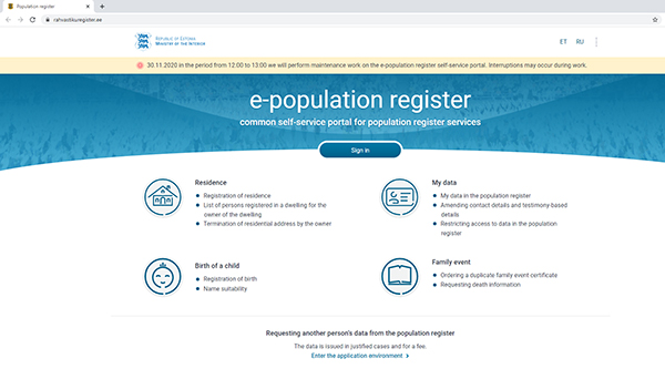 Screenshot of e-population registry